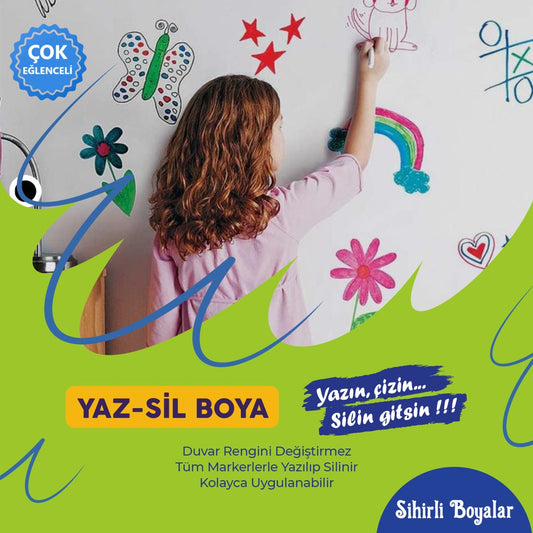 SİHİRLİ BOYALAR – YAZ SİL ÇOCUK KİTİ | Şeffaf Yazılabilir Silinebilir Duvar Cilası (KDV ve KARGO DAHİL)
